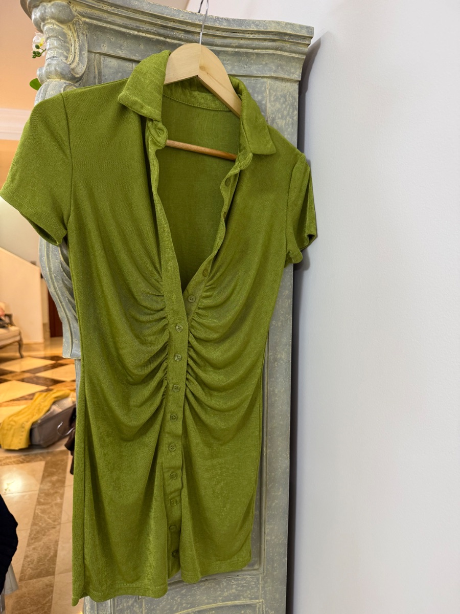 Nasty Gal Olive Green Ruched Short-Sleeve Mini Shirt Dress