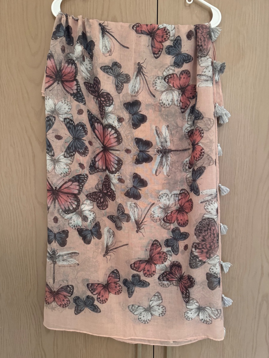 Next lightweight pink butterfly scarf with tassels