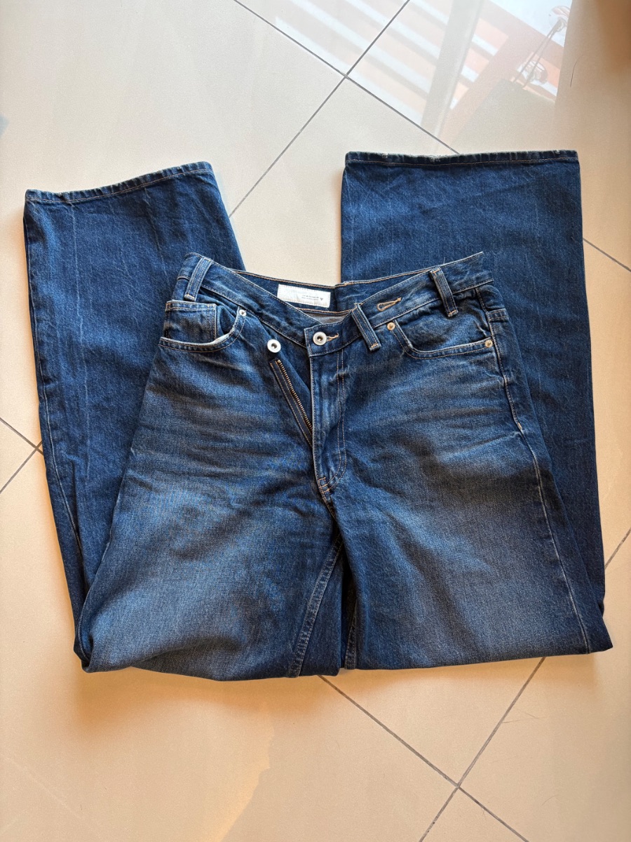 Zara blue denim asymmetrical zip clasp wide leg high waisted jeans photo 2