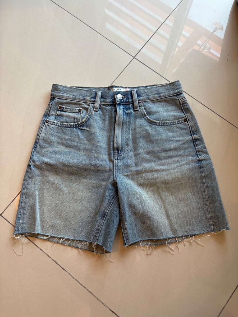 Next blue denim straight leg high waisted shorts photo 2