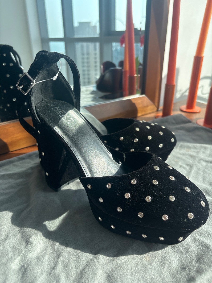 Next Black Velvet Platform Heels with Rhinestone Details Never Worn