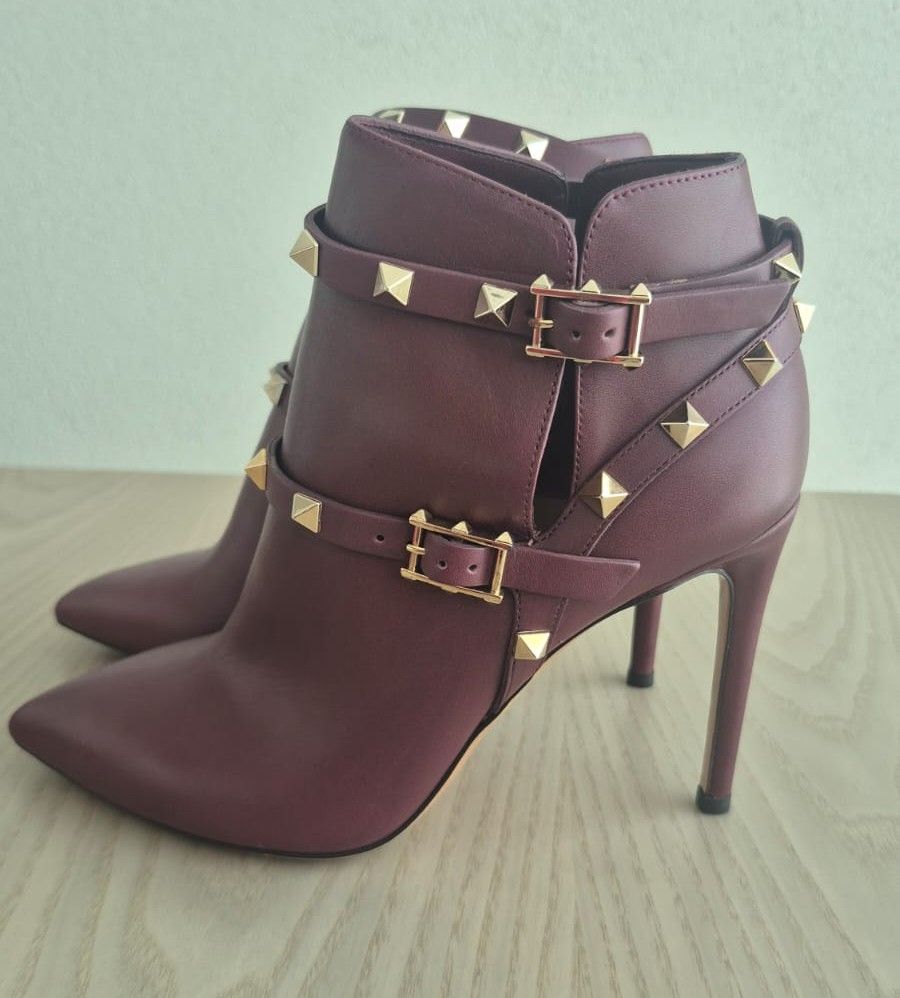 Valentino Rockstud Caged Ankle Boots Burgundy