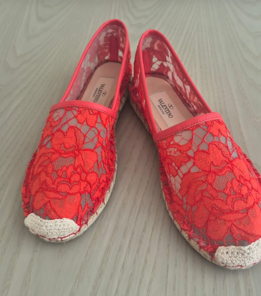 Valentino Floral Lace and Leather Espadrilles Red photo 3