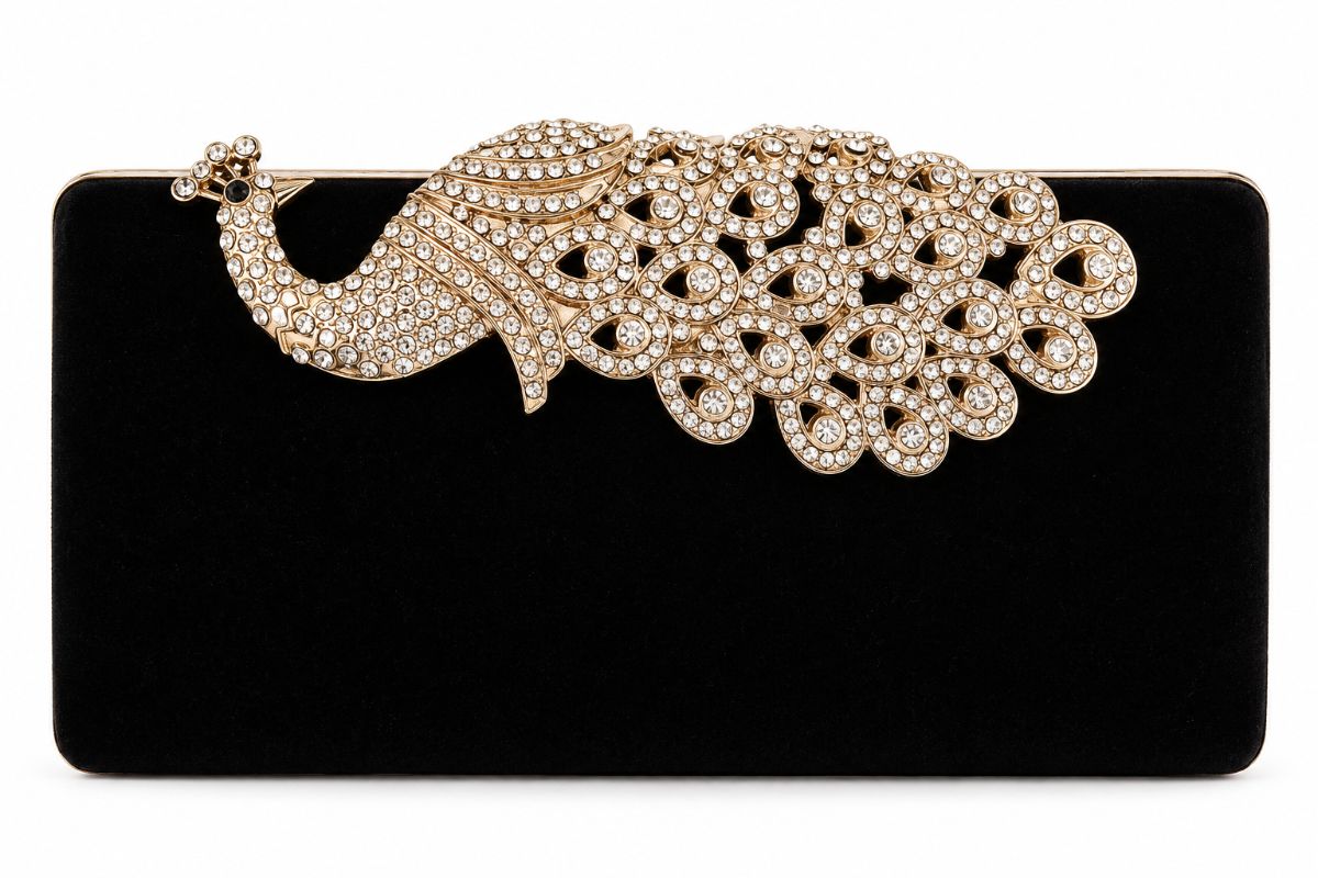 Black Velvet Peacock Clutch Crystal Embellished Gold Detail