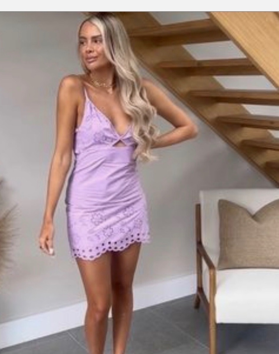 ZARA lilac cutwork embroidery halter neck mini dress BNWT size large photo 2