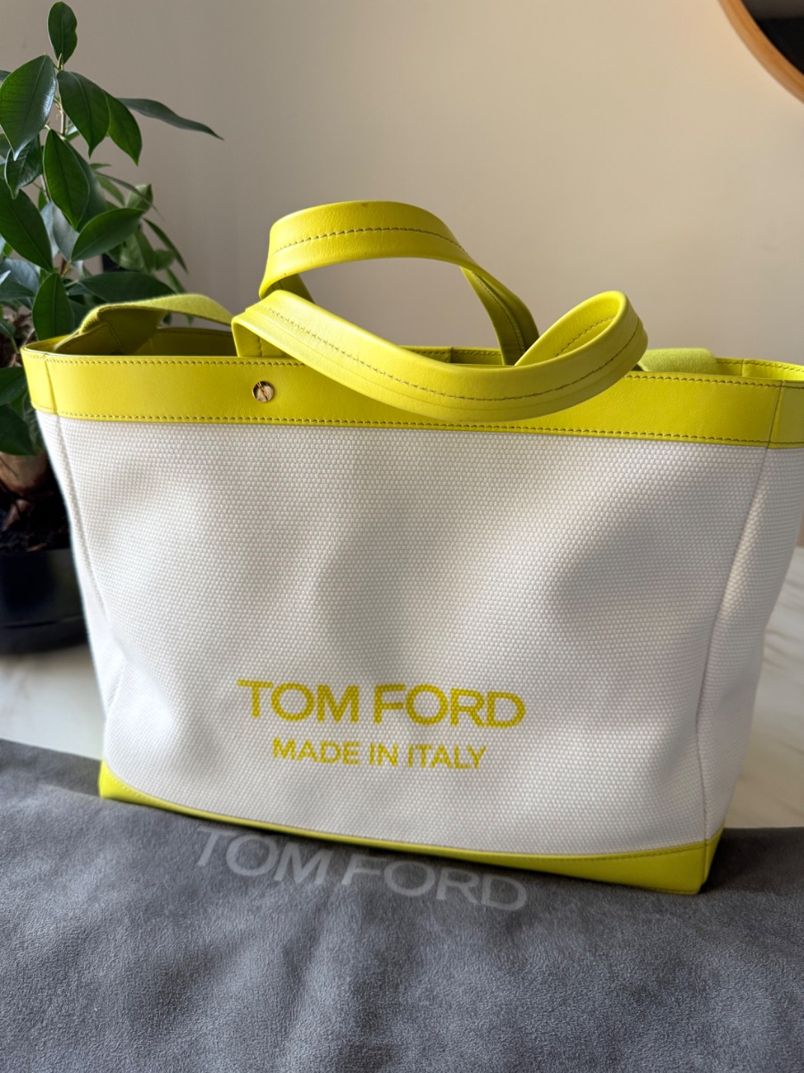 TOM FORD Canvas & Leather Logo Tote – White & Citrus Yellow