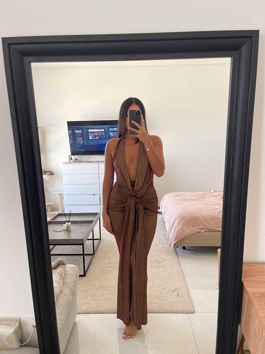 My Brunch Fit Shimmer Brown Plunge Drape Maxi Dress