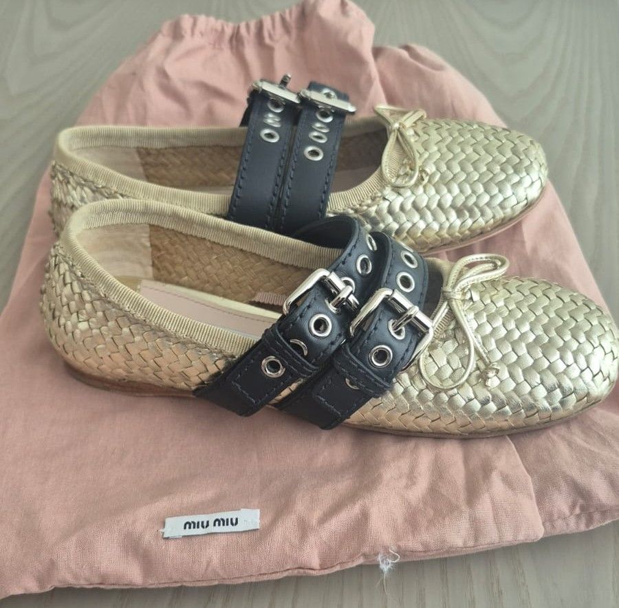 Valentino Miu Miu Woven Raffia Buckled Ballerina Flats Gold photo 3
