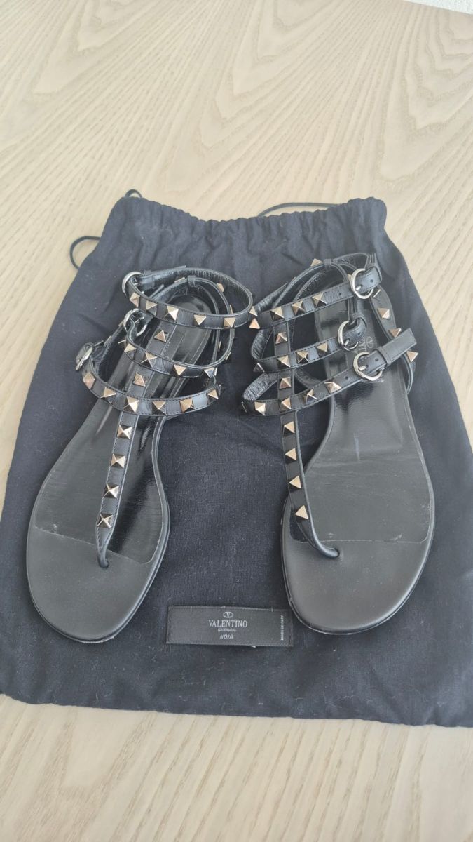 Valentino Black Rockstud Caged Flat Sandals Black