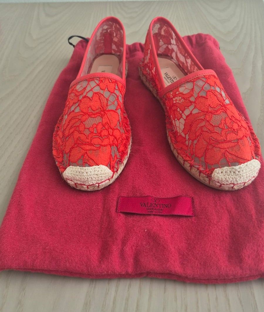 Valentino Floral Lace and Leather Espadrilles Red photo 2