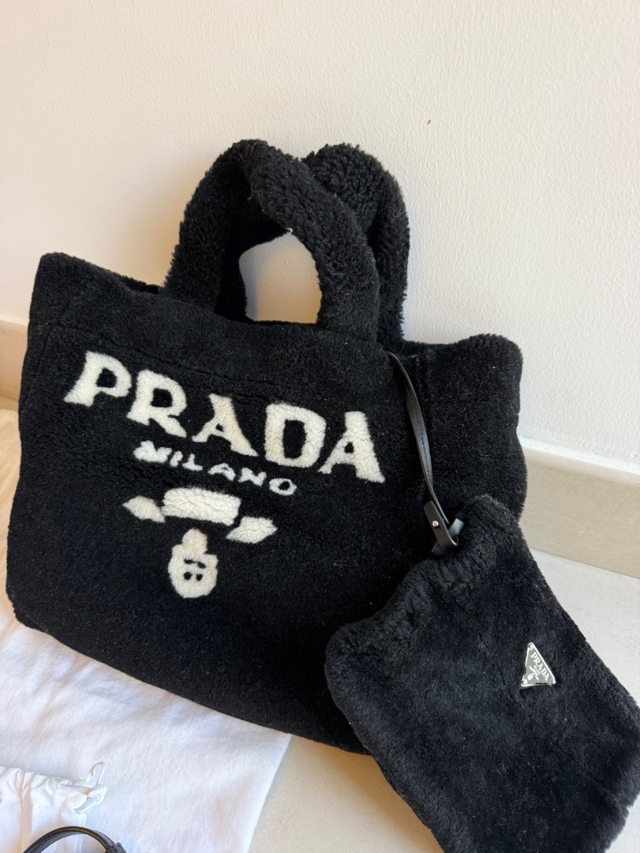 Prada Shearling Logo Tote Bag – Black & White