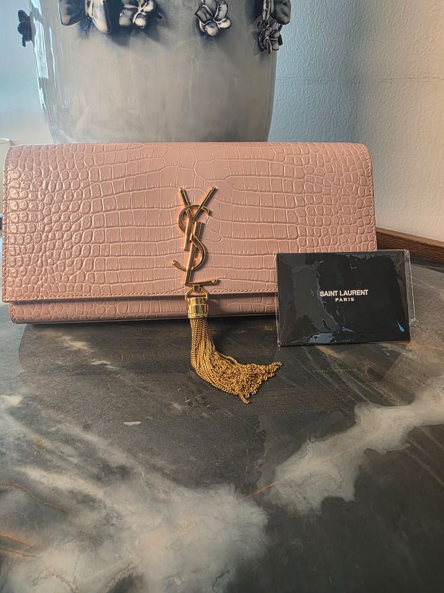 Saint laurent beige croc embossed kate tassel clutch photo 2