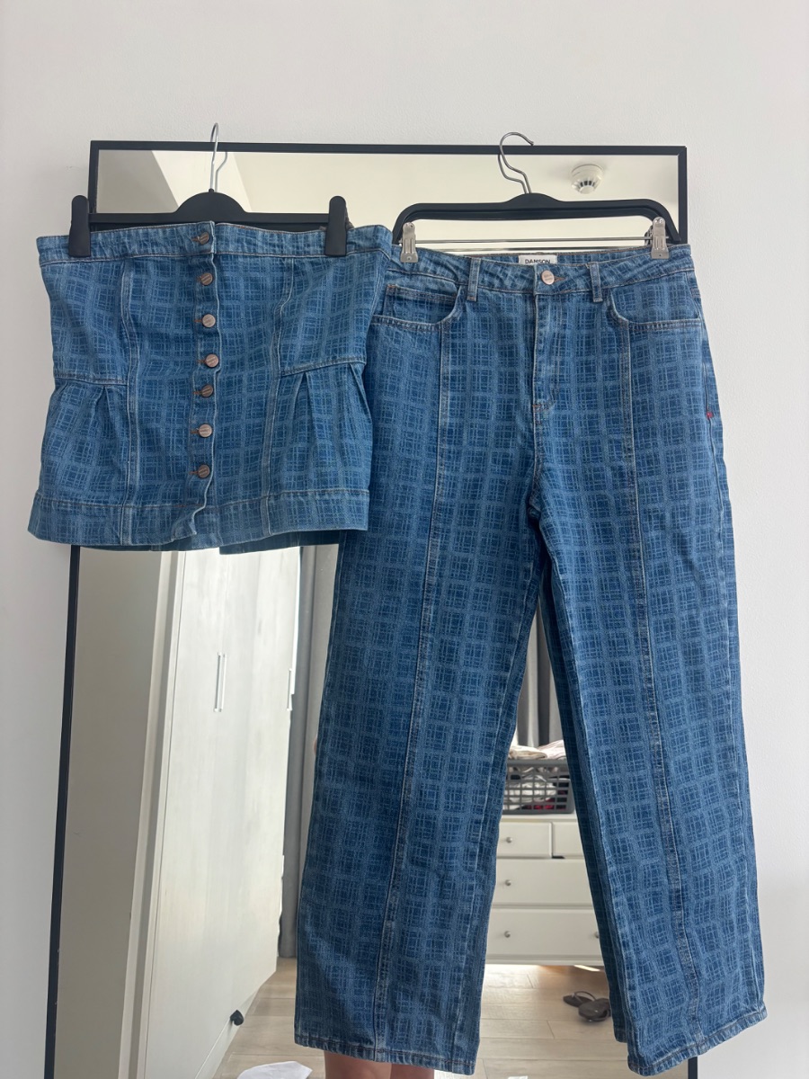 Damson Madder Tovie Laser Check Denim Co-Ord Set – Top & Jeans (UK 14)