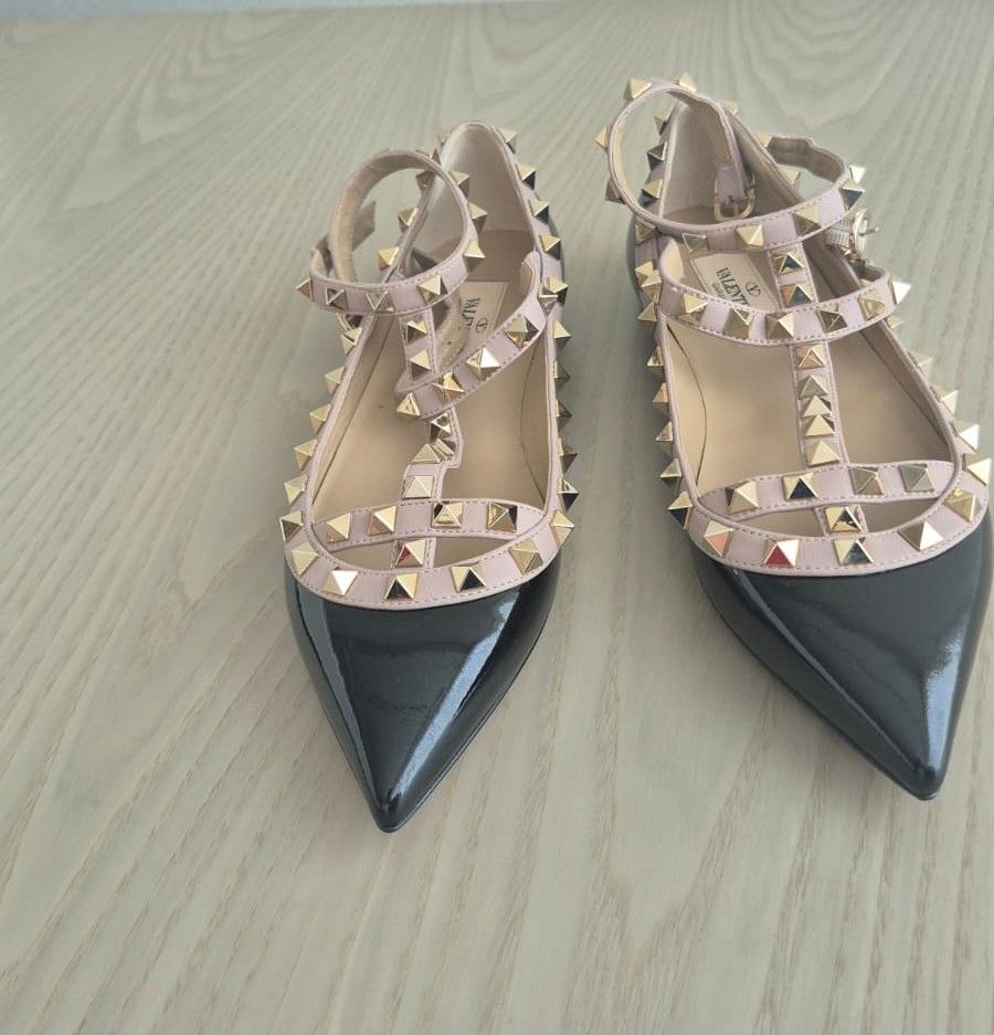 Valentino Rockstud Black and Pink Patent Ankle Strap Ballet Flats