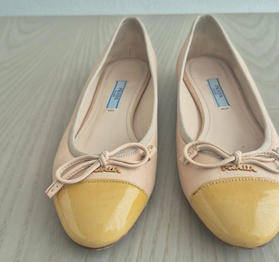 Prada Two-Tone Cap Toe Ballerina Flats Beige and Mustard Yellow Leather
