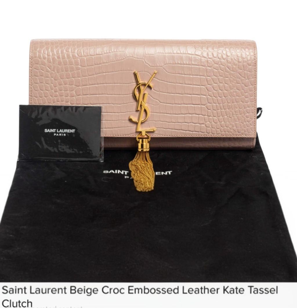 Saint laurent beige croc embossed kate tassel clutch