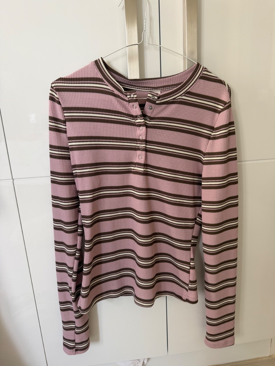 Shein Pink and Brown Striped Long Sleeve Henley Top
