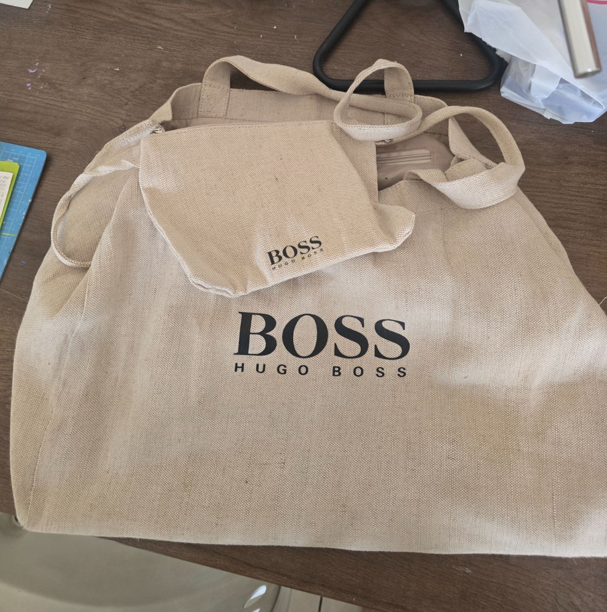Hugo Boss BOSS Beige Canvas Tote Bag with Matching Pouch