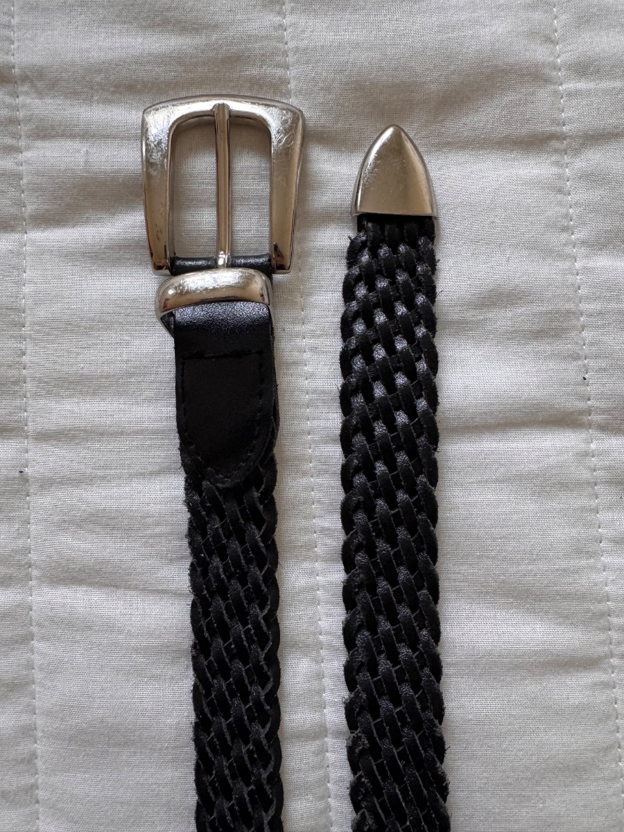 Black leather braided woven belt with silver buckle