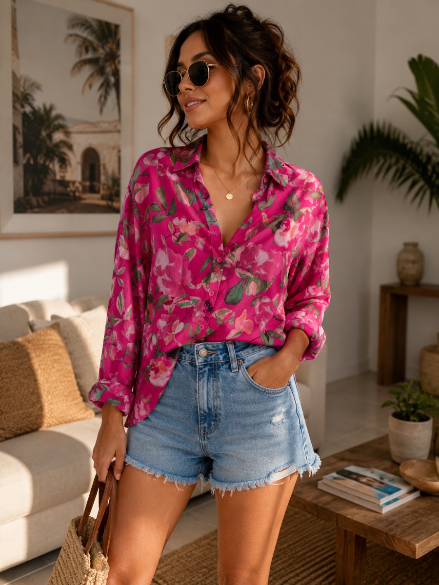 Shein Pink floral shirt size large