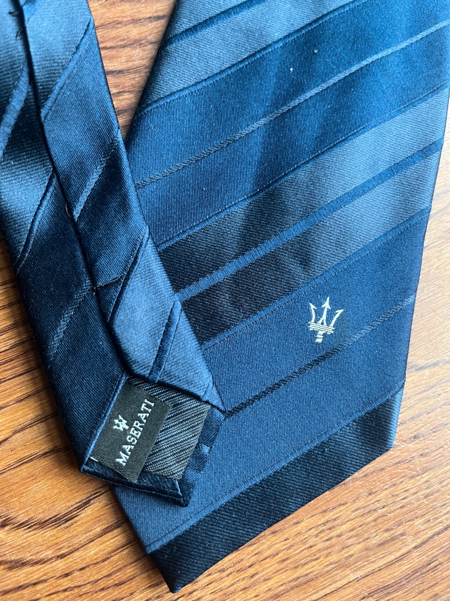 Navy Maserati 100% silk tie - classic diagonal stripe - Hand Made photo 2