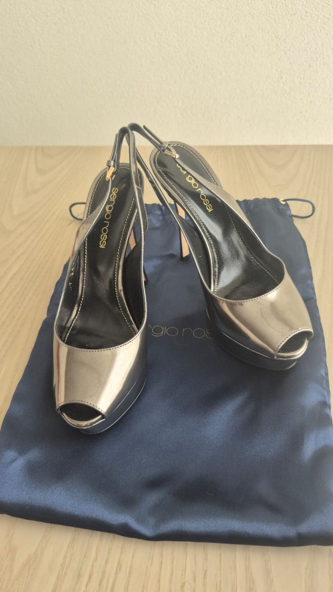 Sergio Rossi Peep Toe Platform Slingback Pumps Gunmetal Grey Patent Leather photo 2