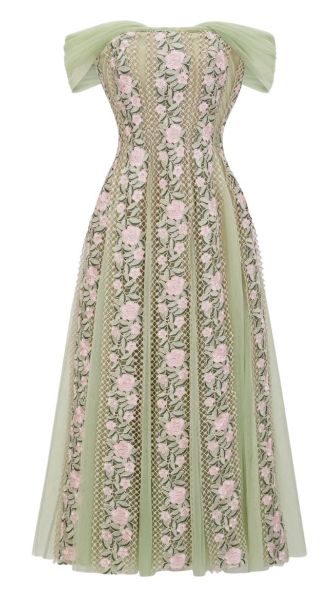 Miss Rosier Sage Green Floral Embroidered Off-Shoulder Midi Dress photo 2
