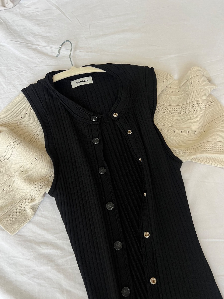 Sandro Black Ribbed Knit Midi Dress – Button Front