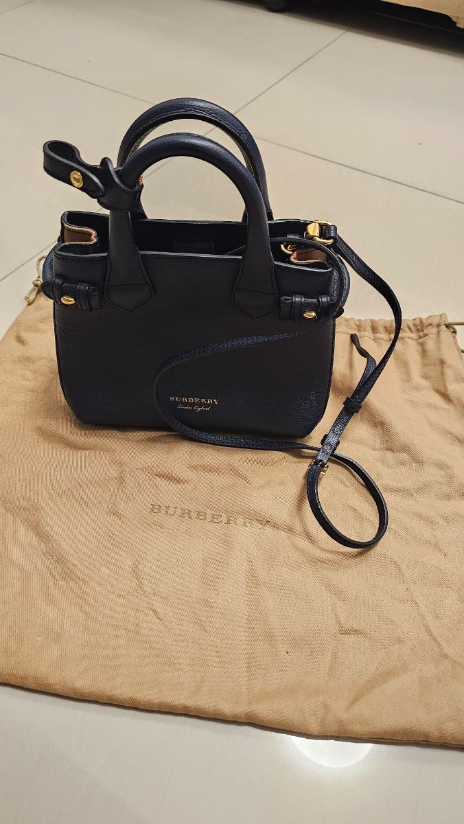 Burberry Banner Mini Navy Blue/Beige Leather and House Check Fabric Tote