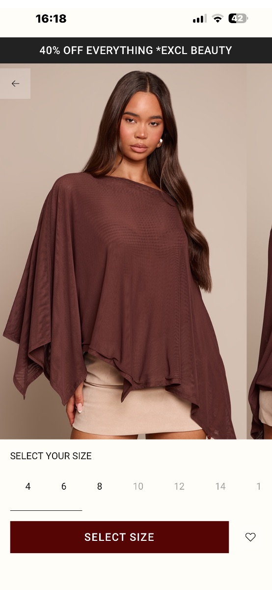 Pretty Little Thing Chocolate Mesh Oversized Cape Detail Top