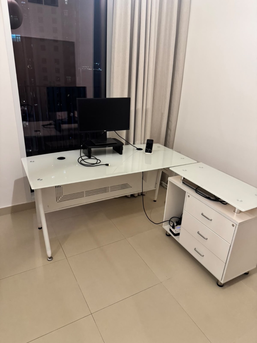 White tempered glass-top office desk white mobile drawer unit