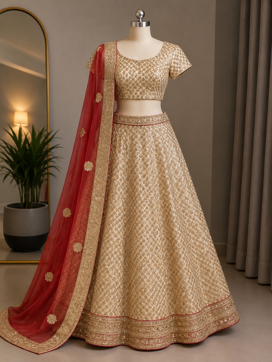 Aara Designer Gold & Red Bridal Lehenga – Wedding Wear