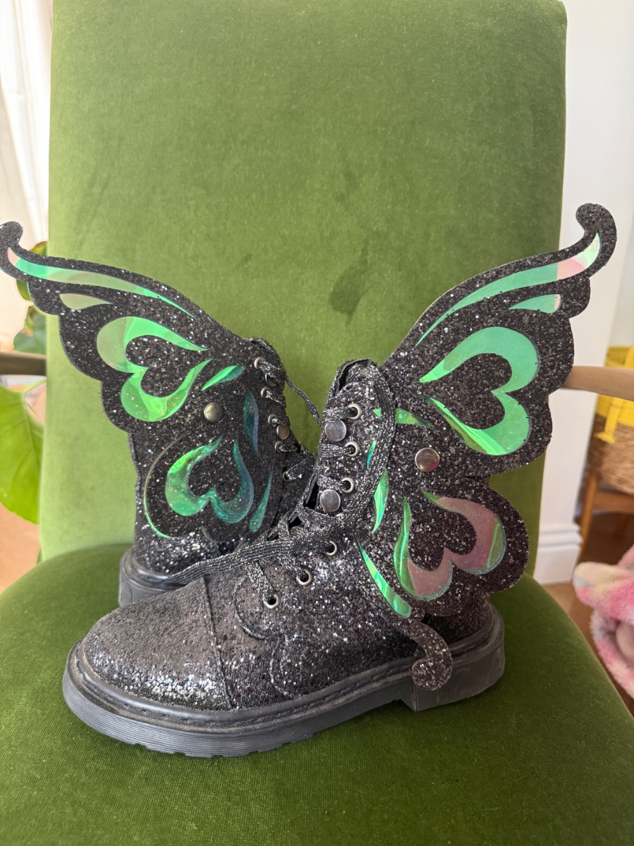 Madmia black glitter boots with removable butterfly wings