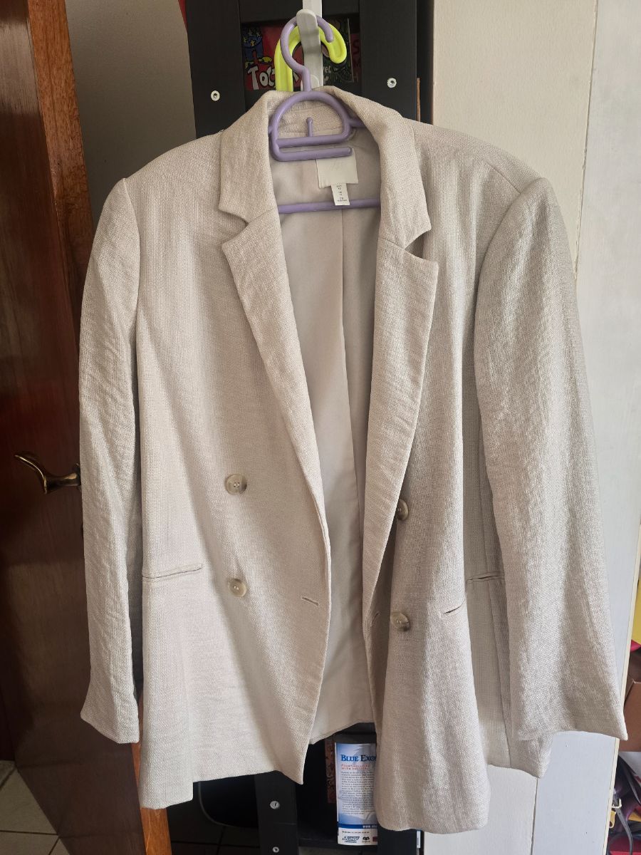 H&M Beige Textured Double-Breasted Blazer – UK 14