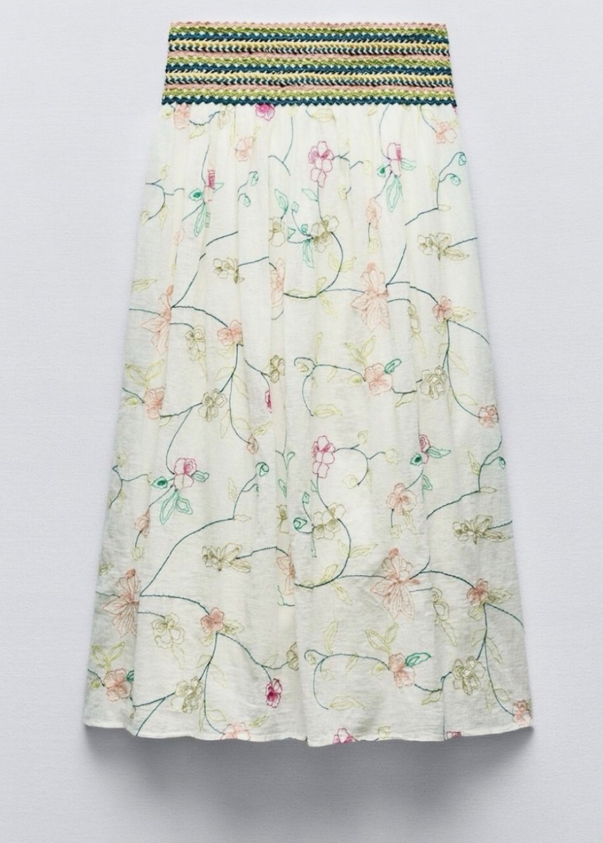 Zara floral embroidered white maxi skirt