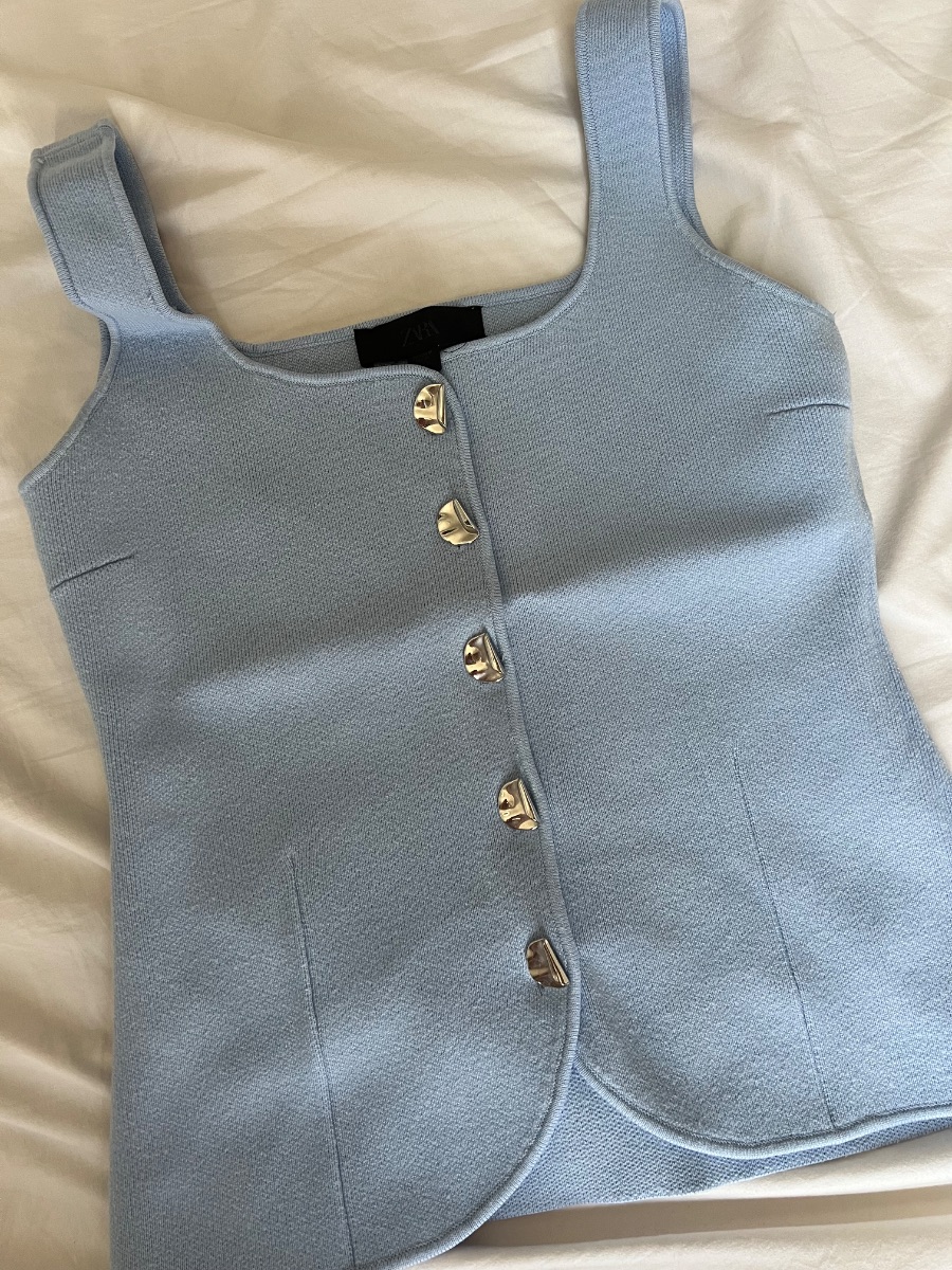 Zara Blue Knit Top with Silver Buttons – Size photo 2