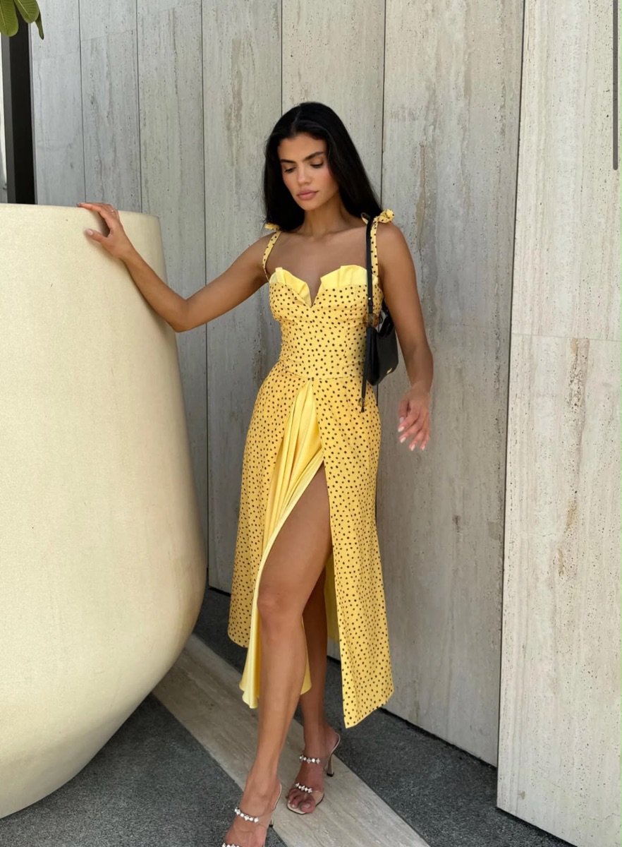 Postmeridiem Post Meridiem Yellow Polka Dot Corset Midi Dress – Size S
