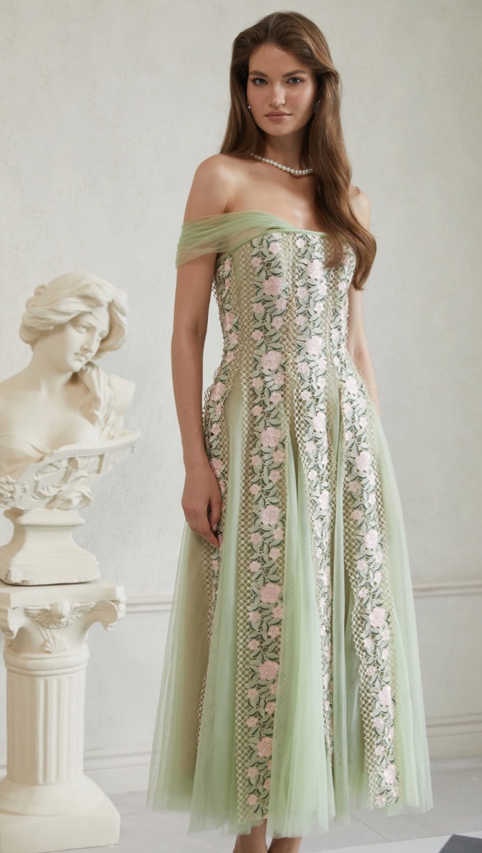 Miss Rosier Sage Green Floral Embroidered Off-Shoulder Midi Dress