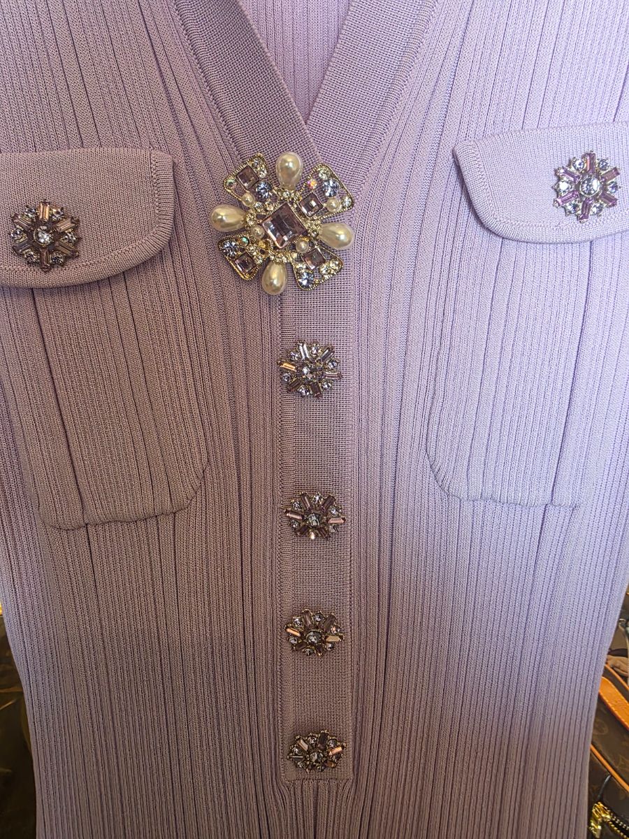 Purple knit dress with rhinestone buttons photo 3