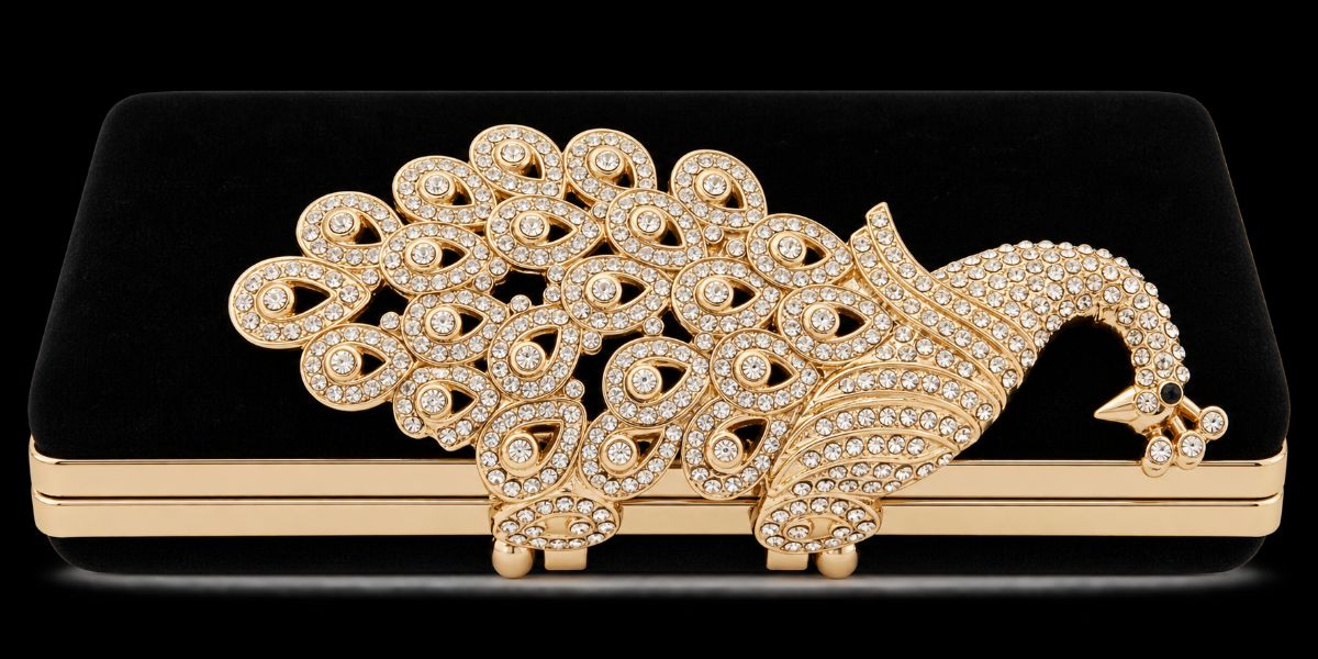 Black Velvet Peacock Clutch Crystal Embellished Gold Detail photo 2