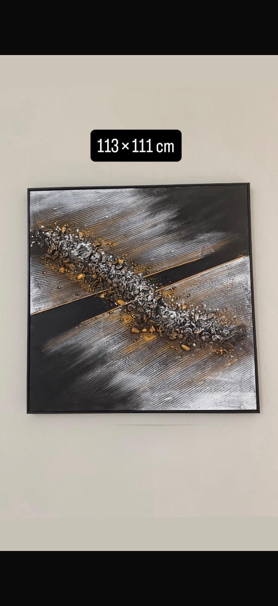 Large Black, Silver & Gold Abstract Canvas – 113cm