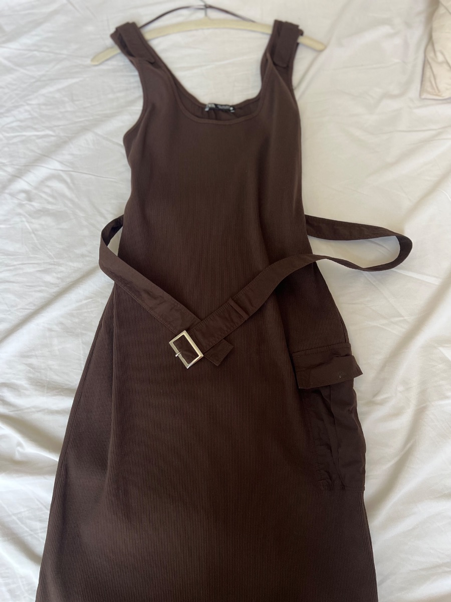 Zara Brown Ribbed Belted Midi Dress