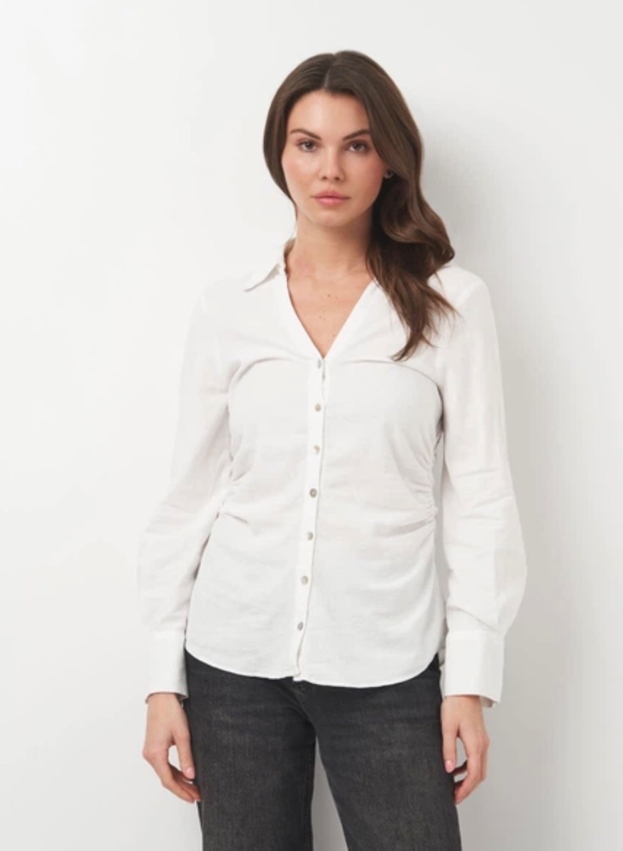 Zara linen blend button down shirt with sinched waist
