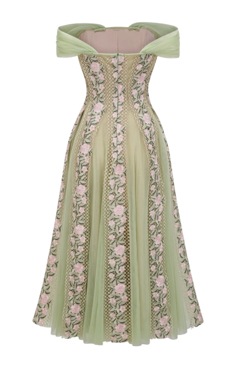 Miss Rosier Sage Green Floral Embroidered Off-Shoulder Midi Dress photo 3