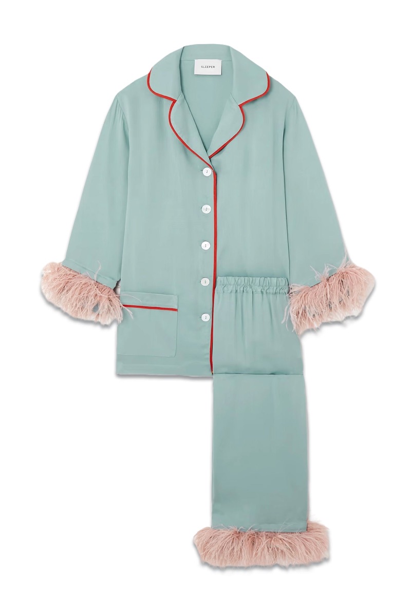 Sleeper Light Blue Party Feather-trimmed Twill Pajama Set