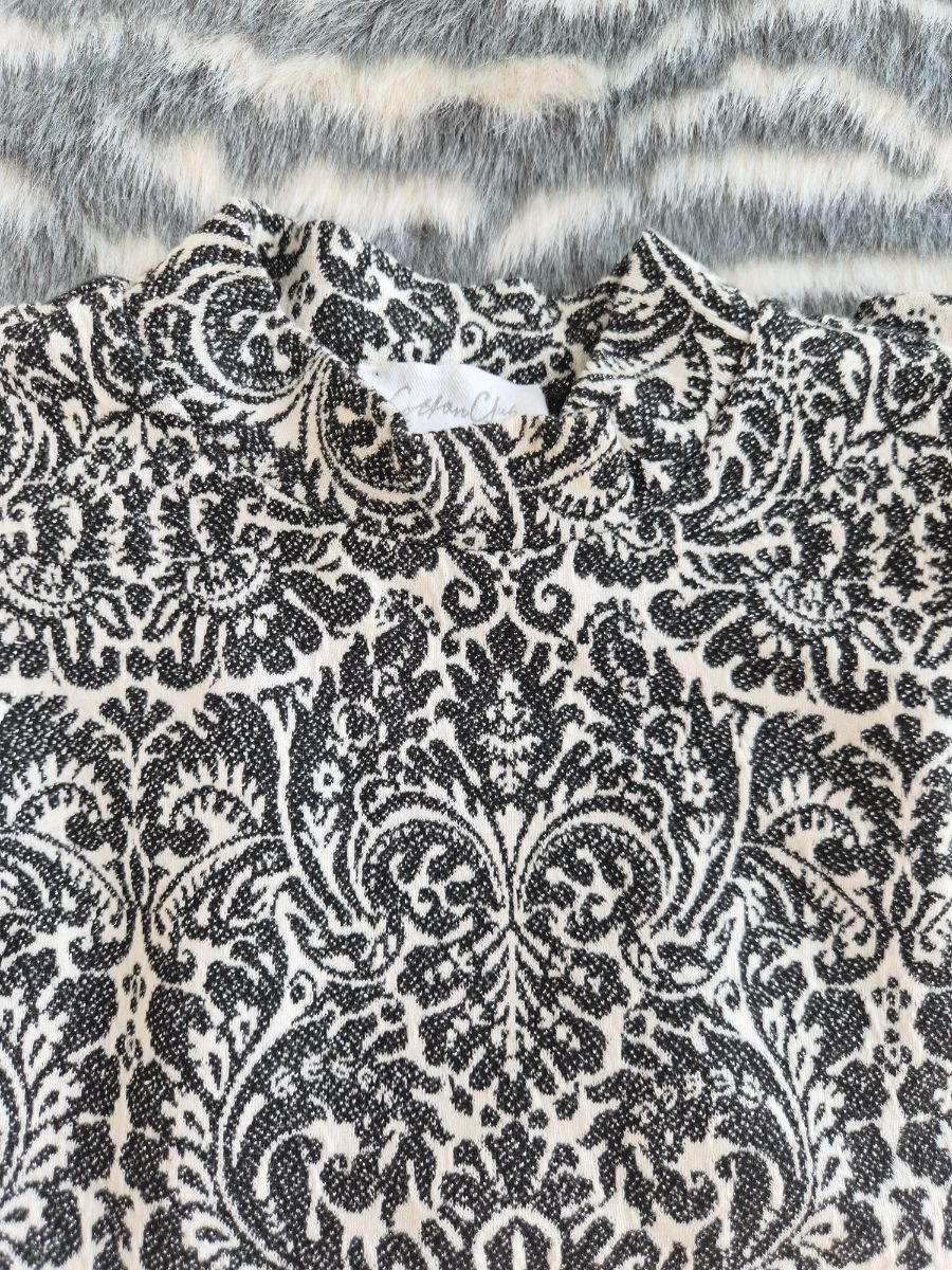 Cotton Club Black White Blouse Top with Floral Pattern and Silver Threads