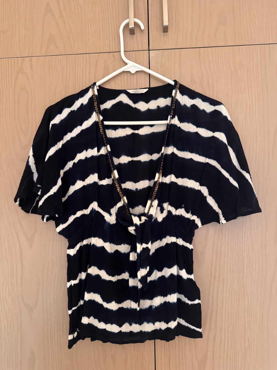 Monsoon navy and white striped short-sleeve blouse