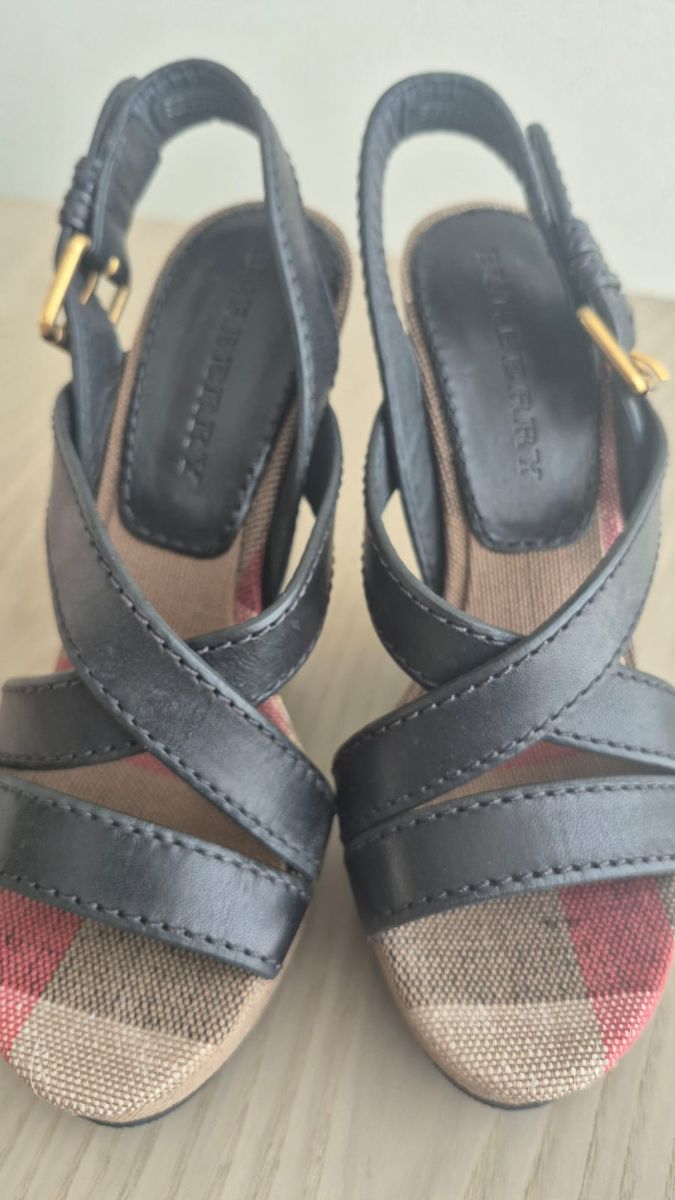 Burberry House Check Cross-Strap Wedge Sandals Black Leather and Canvas photo 3