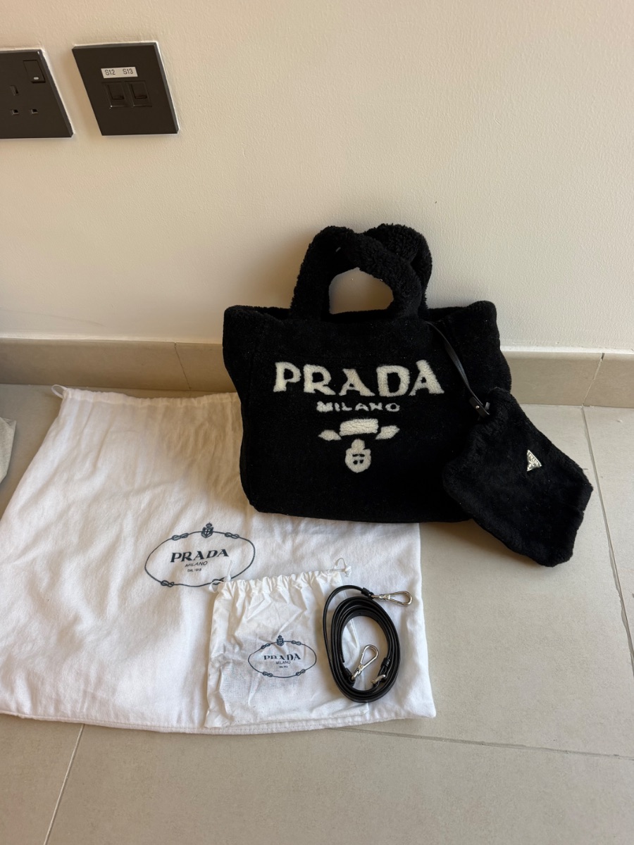 Prada Shearling Logo Tote Bag – Black & White photo 2