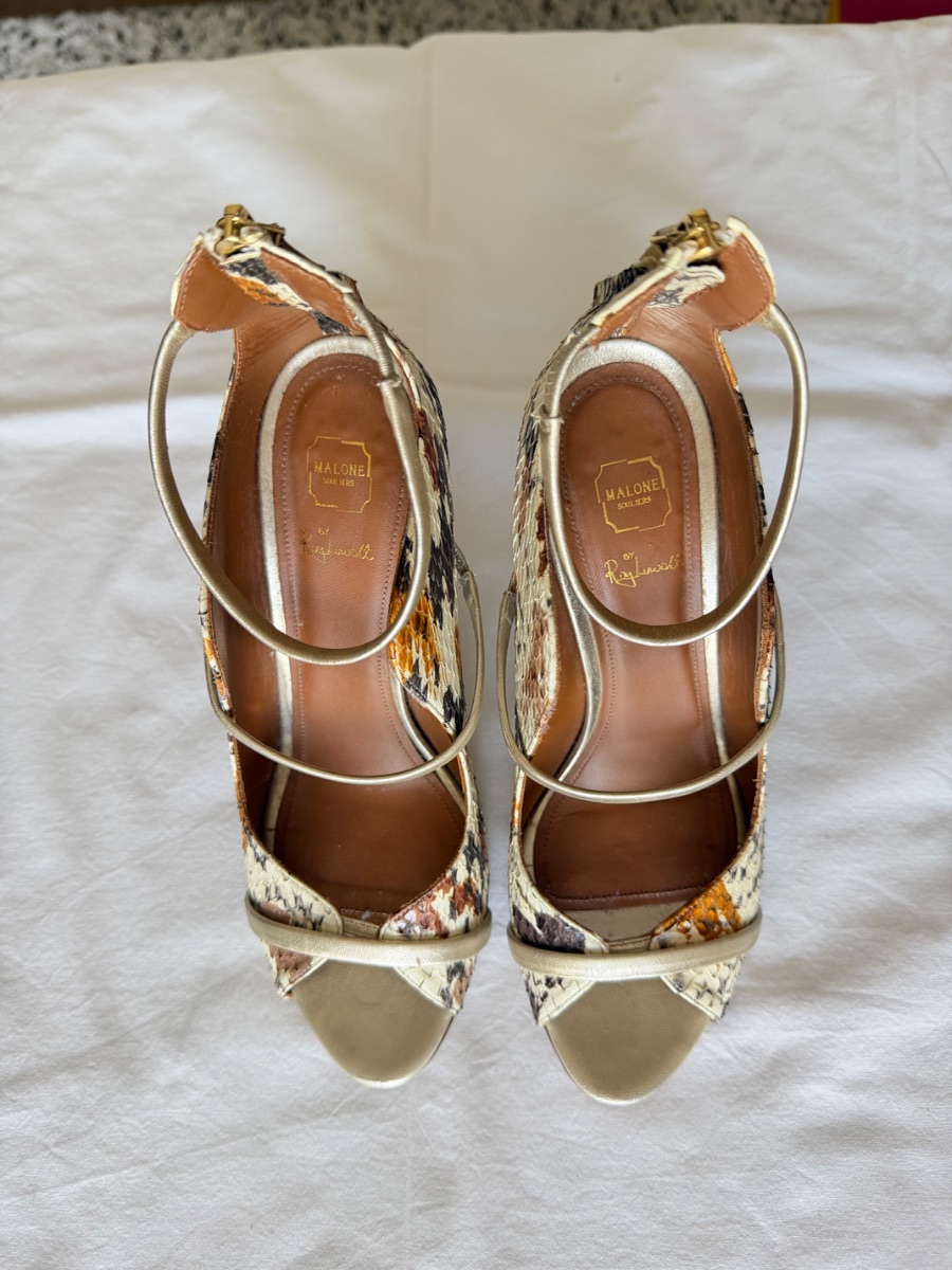 Authentic Malone Souliers Python & Gold Leather Sandals, size 40